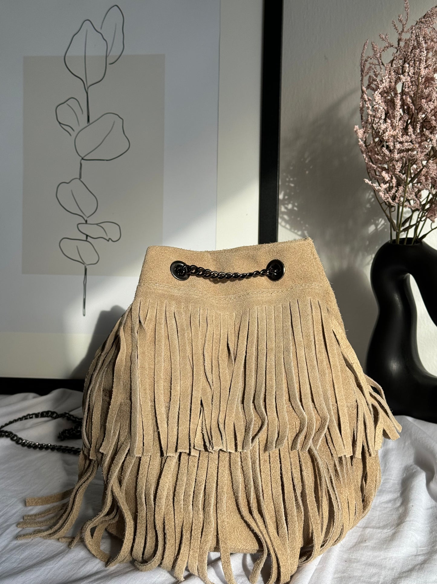 borsa a secchiello in pelle scamosciata