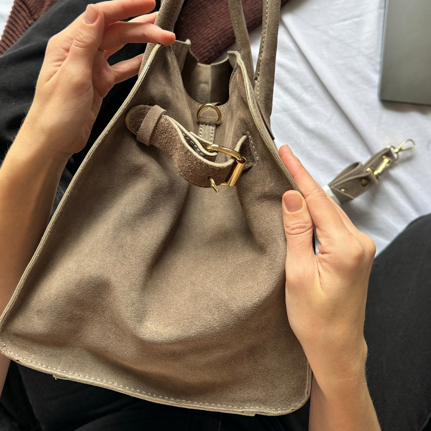Borsa tote grande in pelle scamosciata