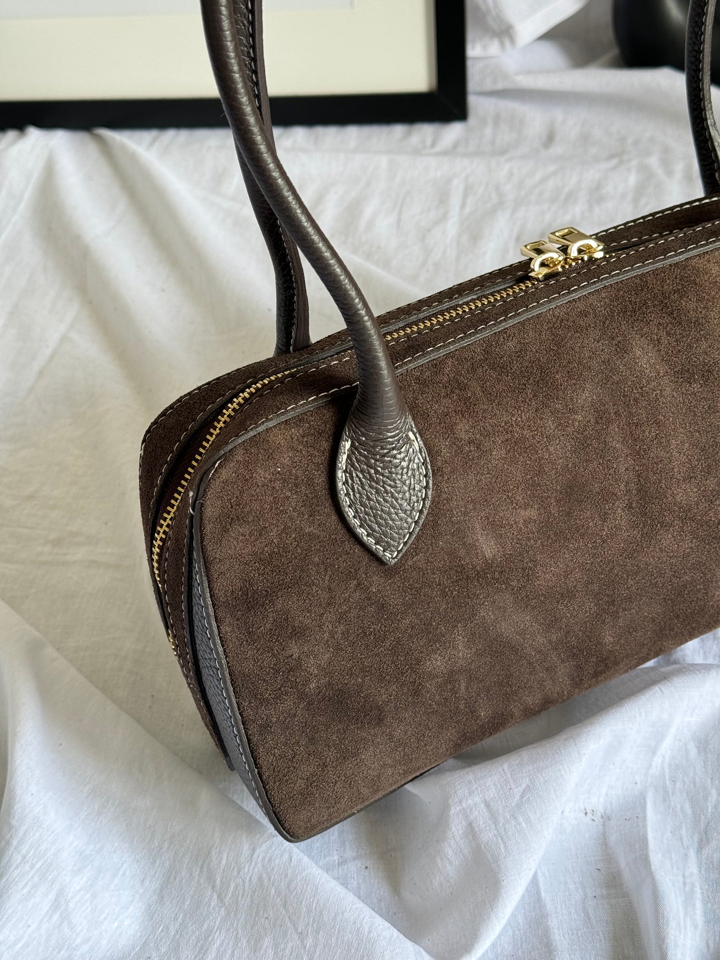 borsa baguette in pelle scamosciata