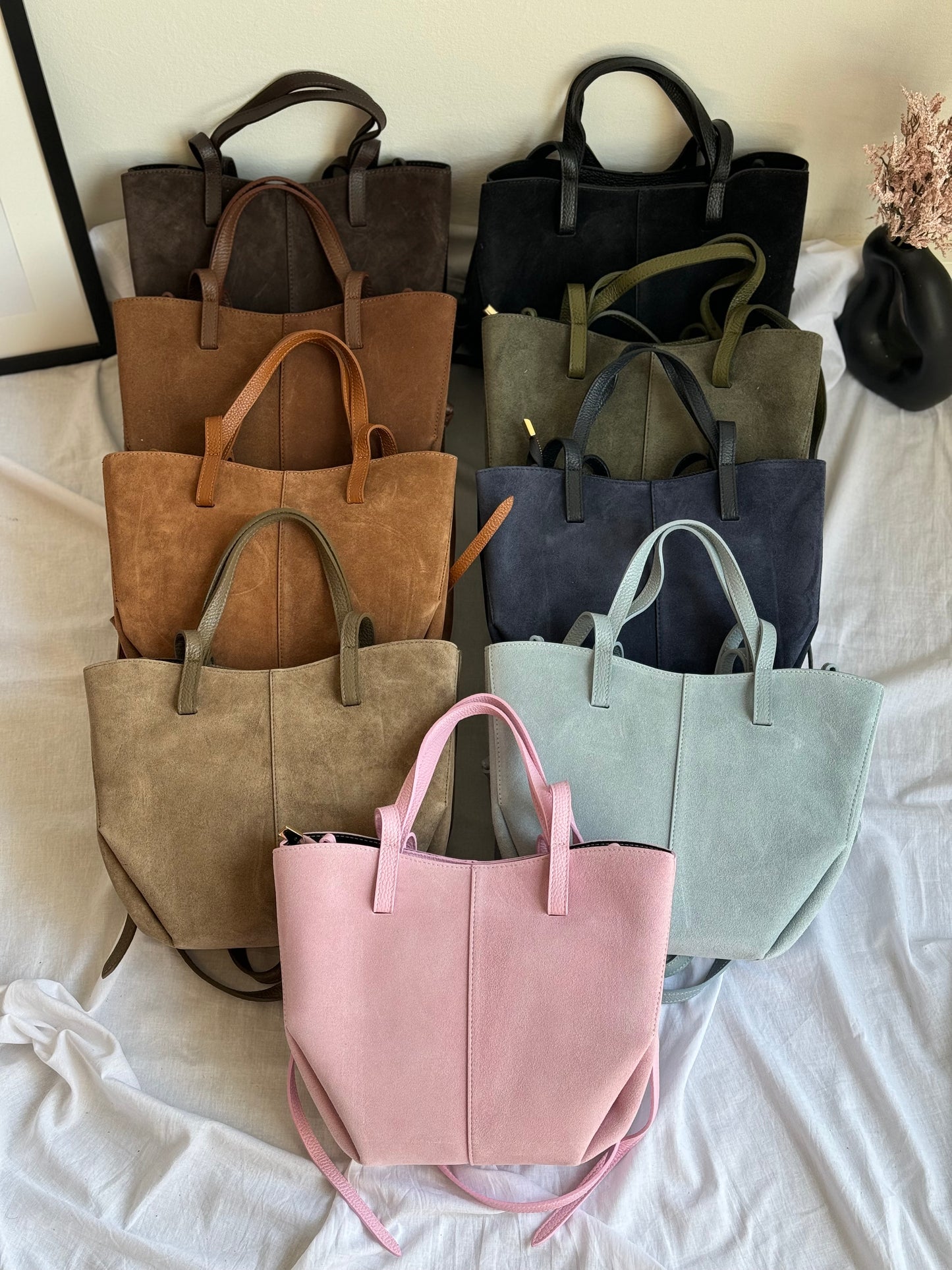 borsa con doppi manici e bottoni