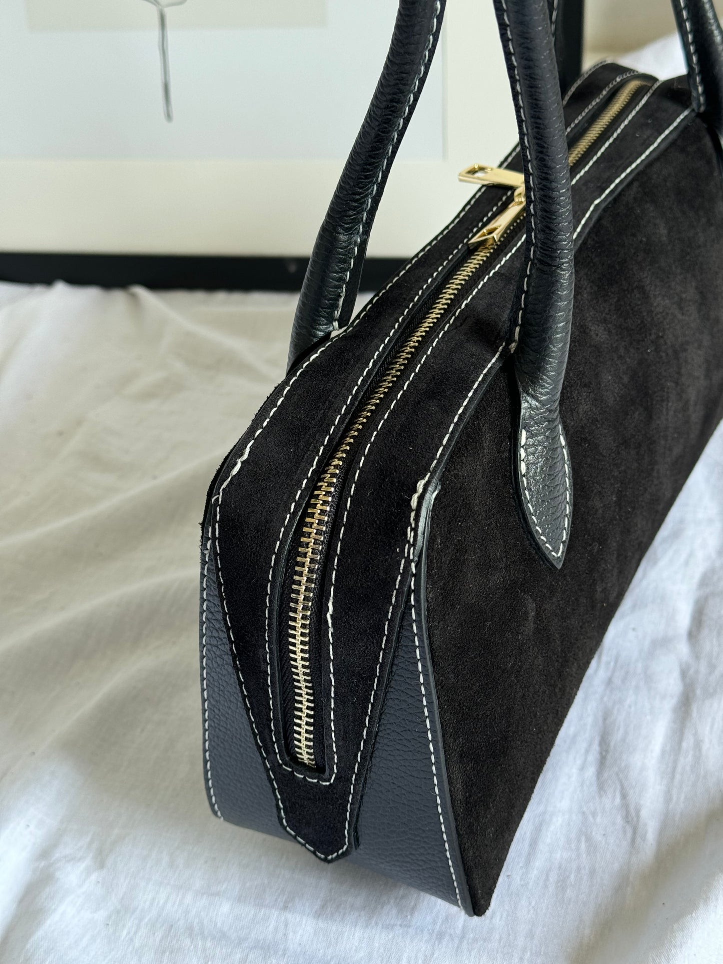 borsa baguette in pelle scamosciata
