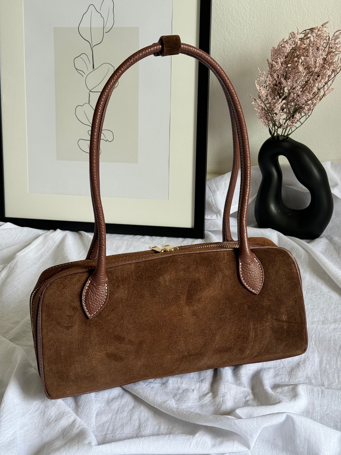 borsa baguette in pelle scamosciata