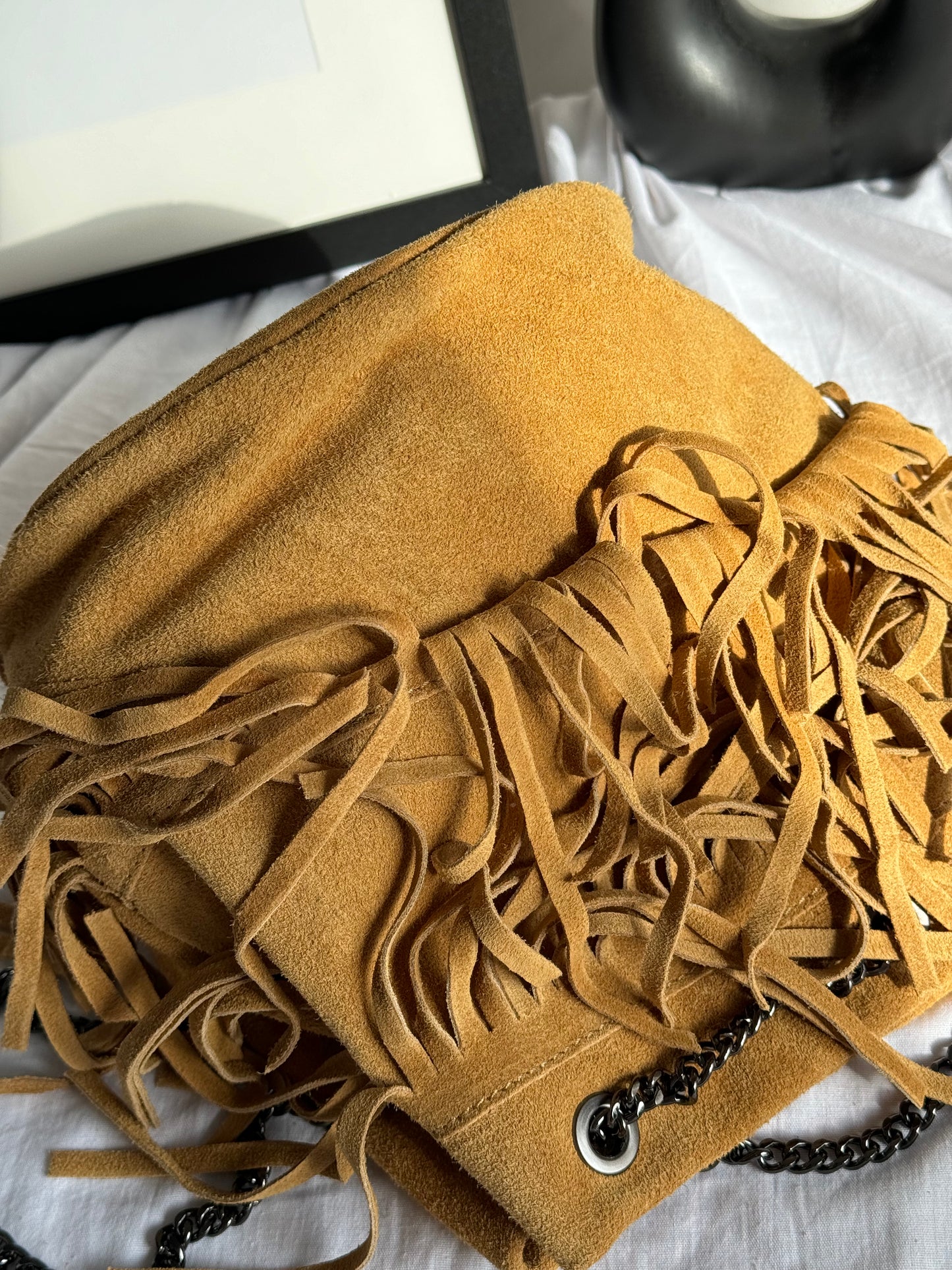 borsa a secchiello in pelle scamosciata