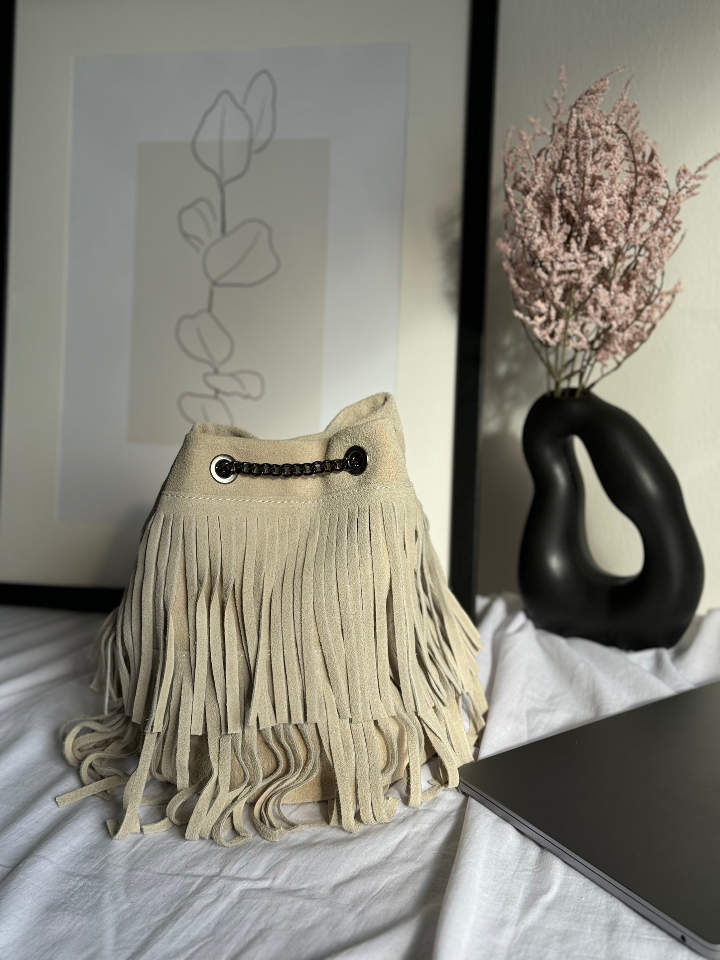 borsa a secchiello in pelle scamosciata