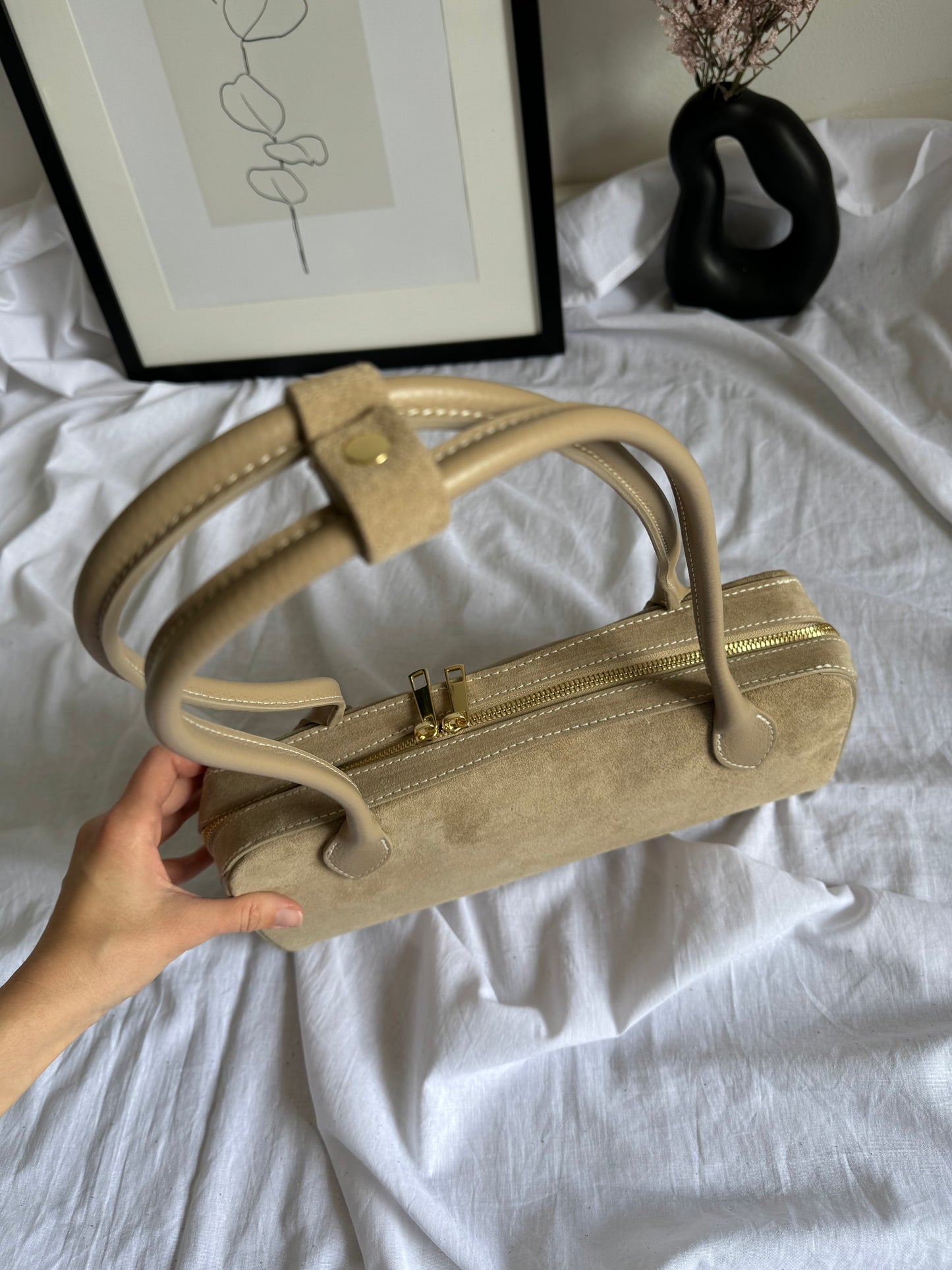 borsa baguette in pelle scamosciata