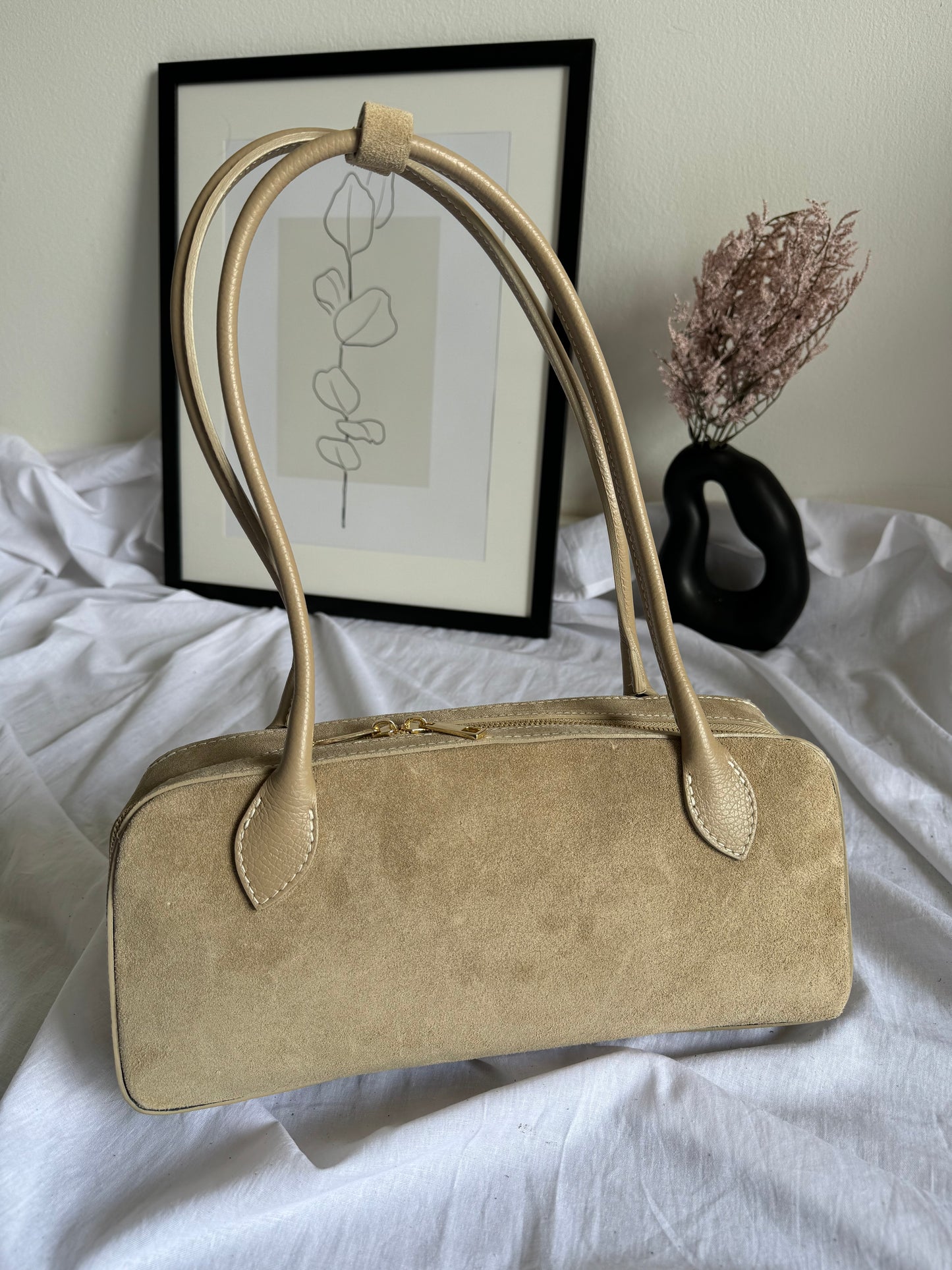 borsa baguette in pelle scamosciata