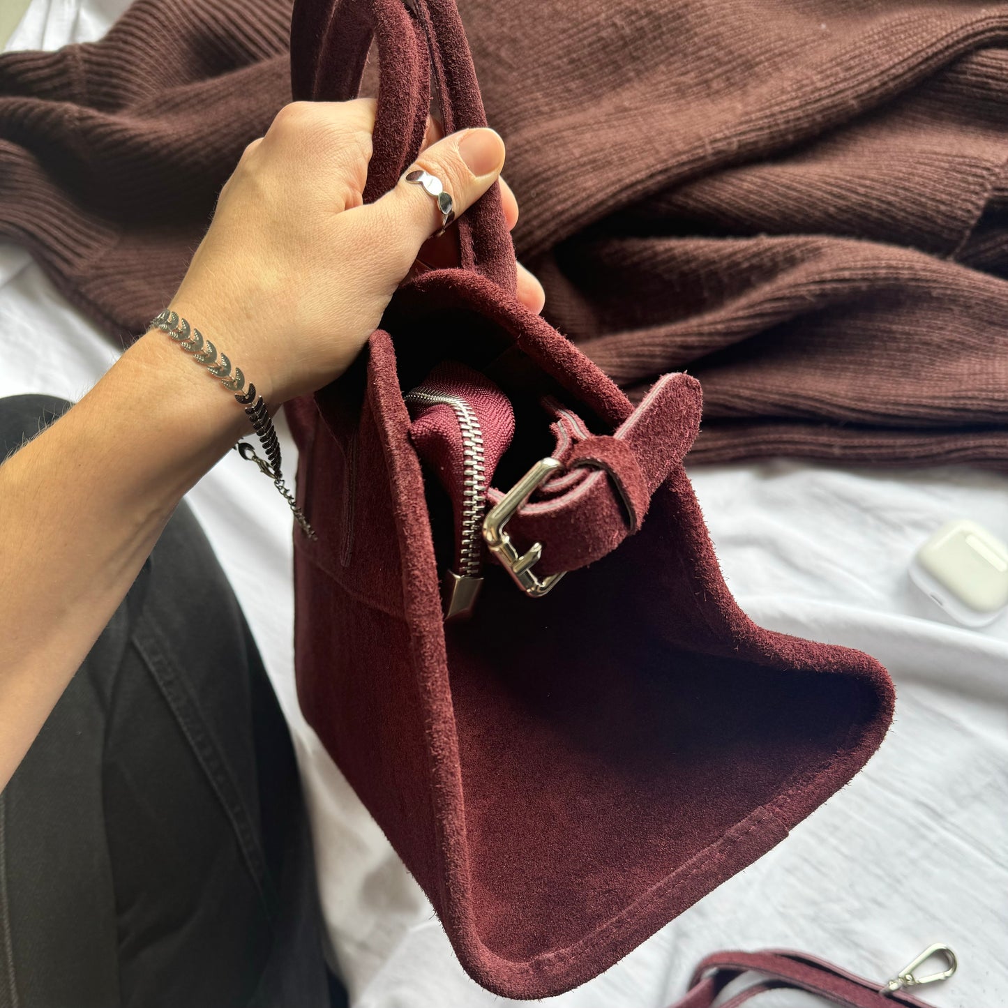 Borsa tote mini in pelle scamosciata