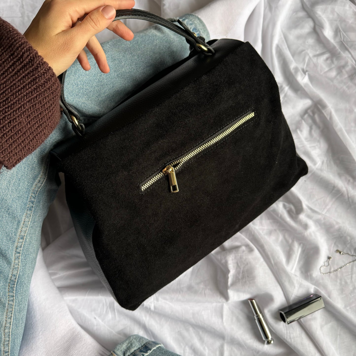 borsa a tracolla in pelle scamosciata