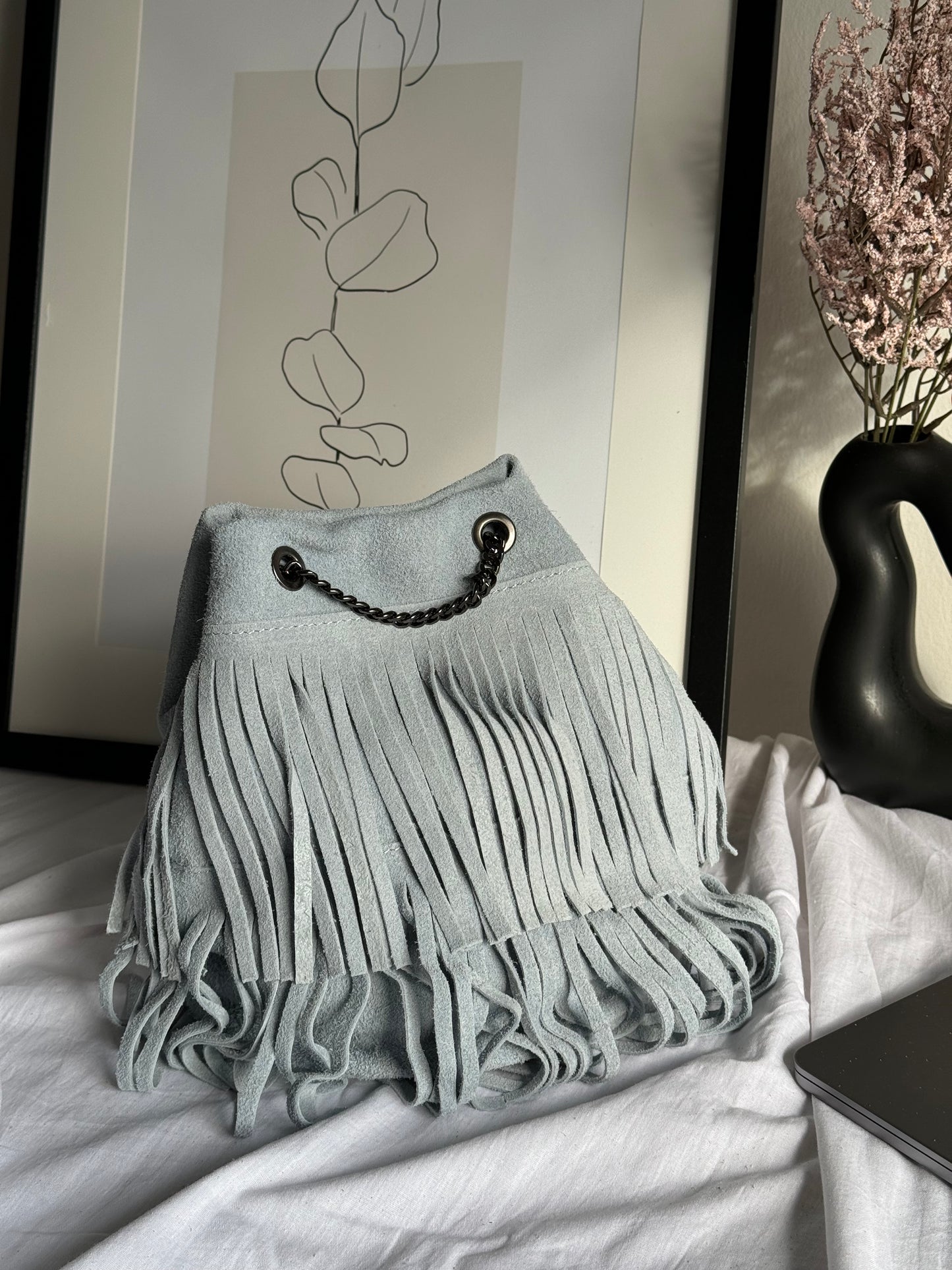 borsa a secchiello in pelle scamosciata