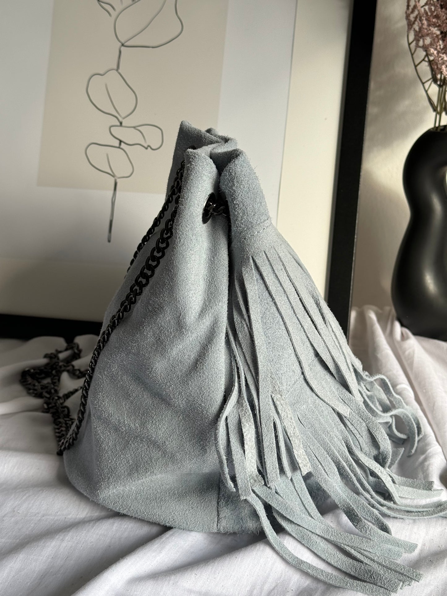 borsa a secchiello in pelle scamosciata