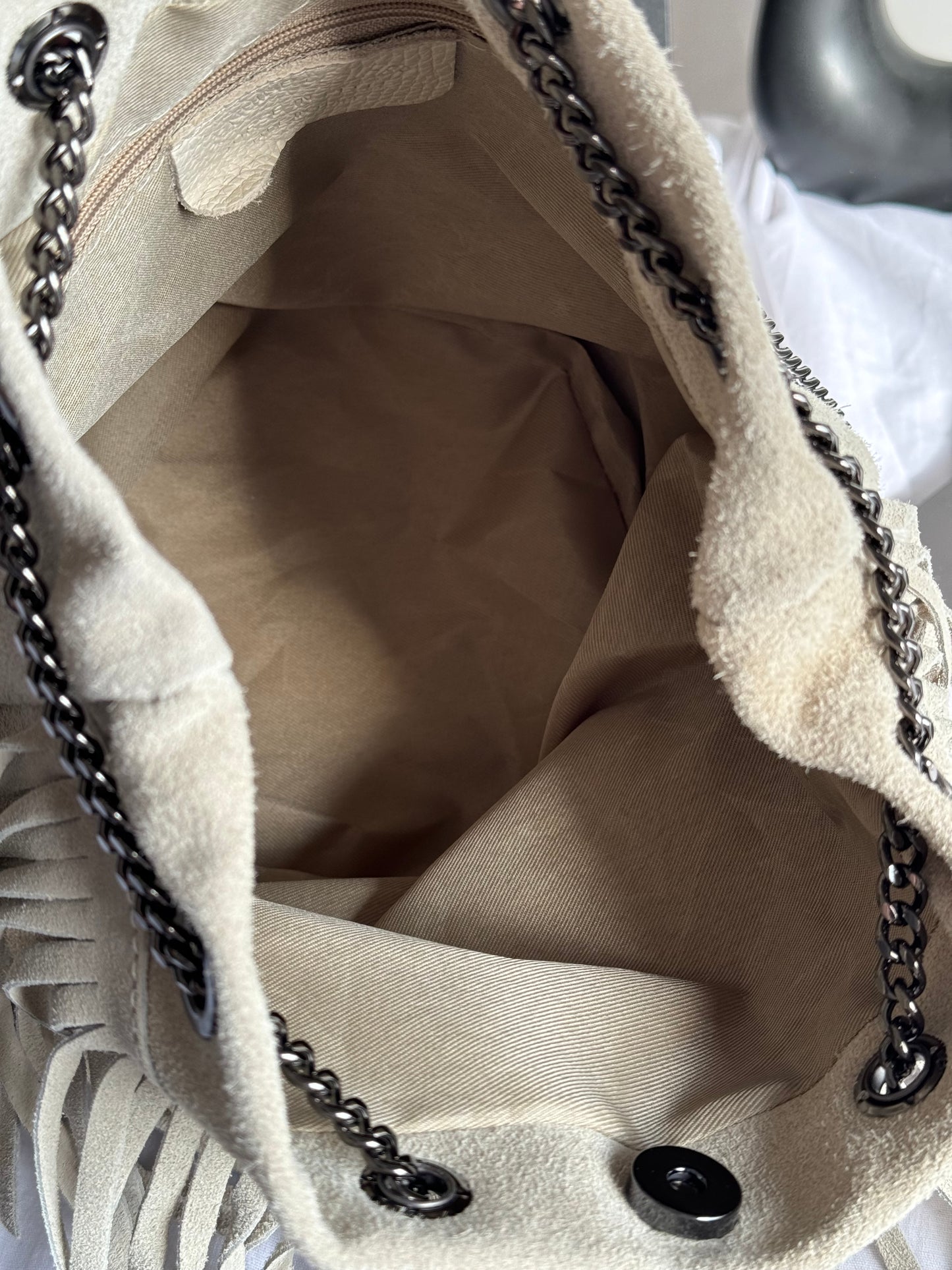 borsa a secchiello in pelle scamosciata