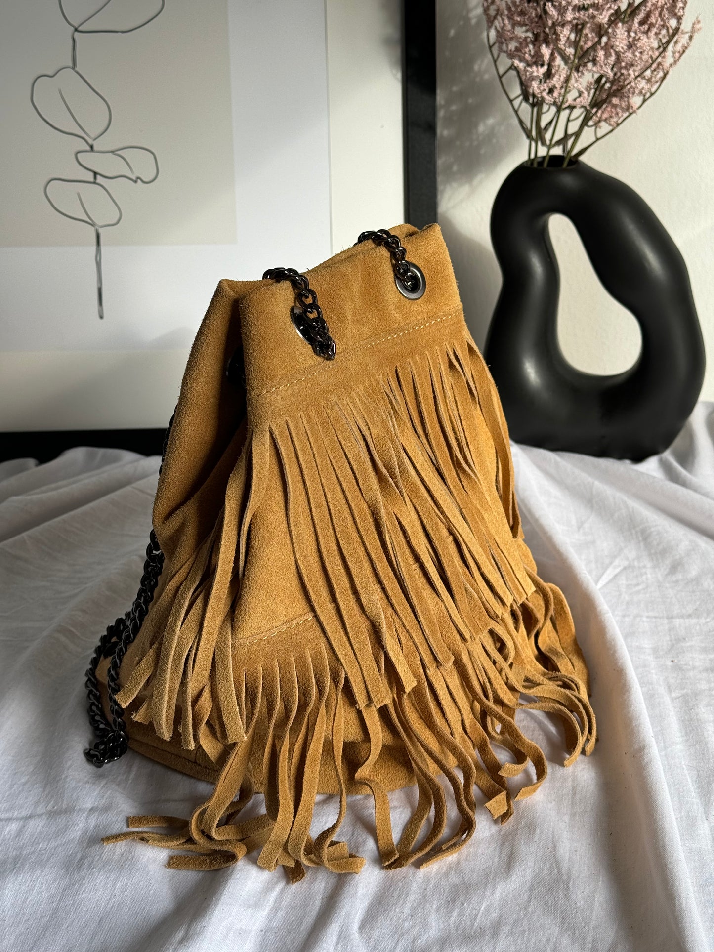 borsa a secchiello in pelle scamosciata