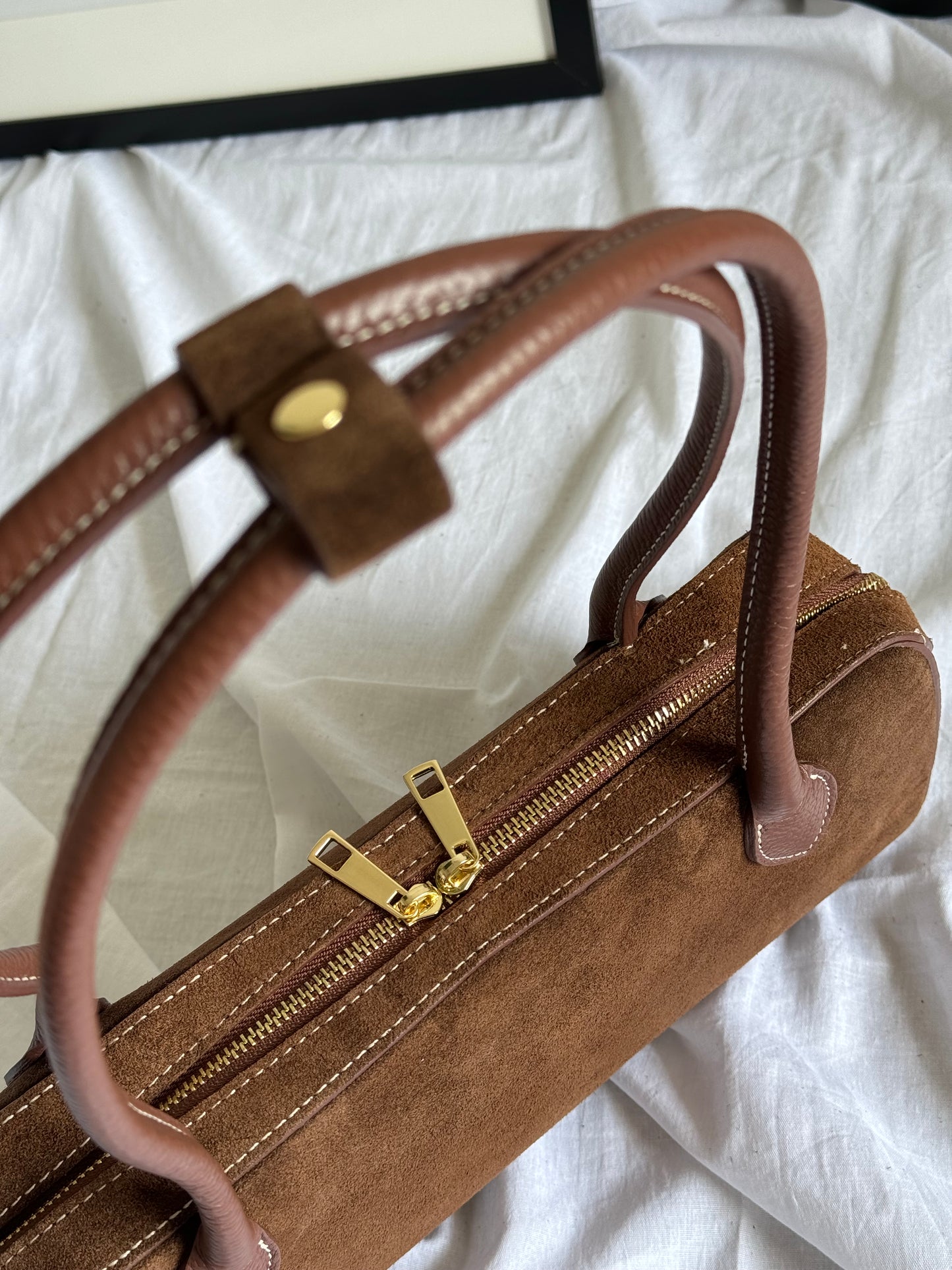 borsa baguette in pelle scamosciata