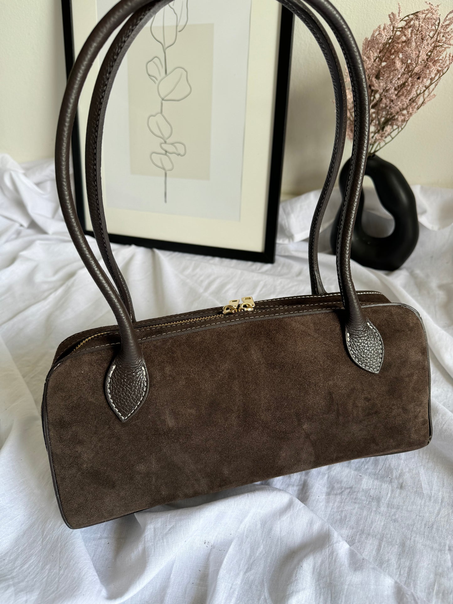 borsa baguette in pelle scamosciata