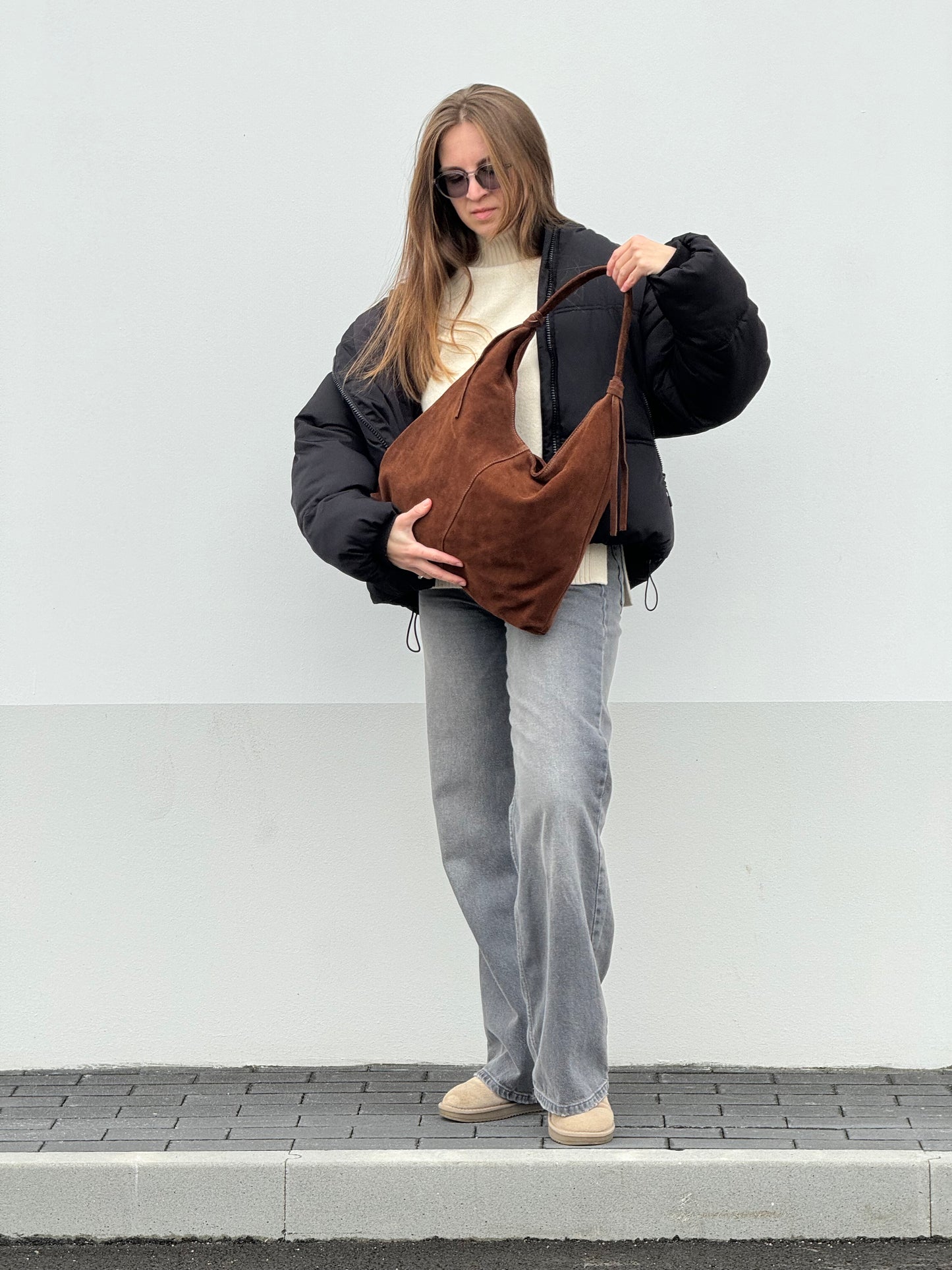 Borsa hobo in pelle scamosciata