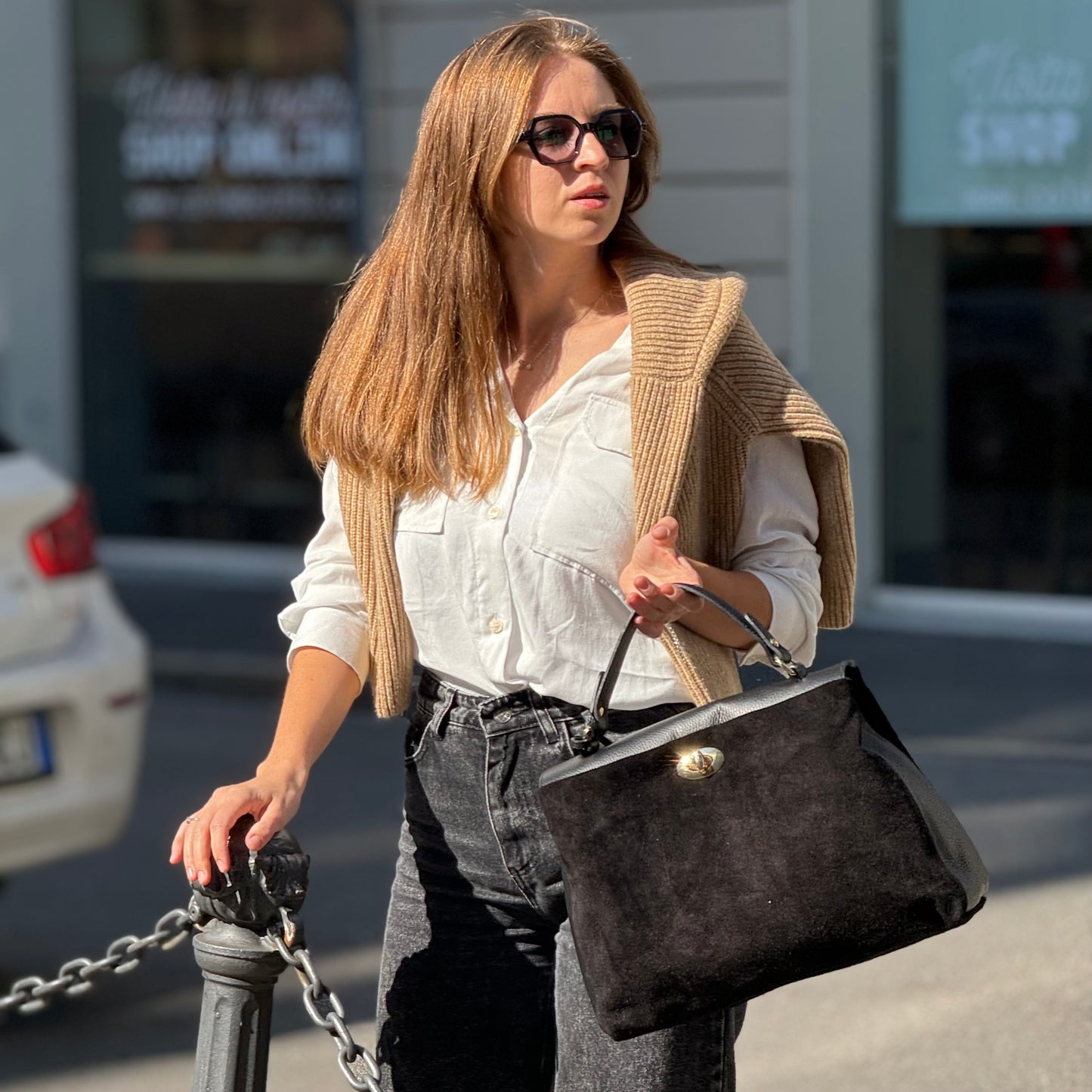 borsa a tracolla in pelle scamosciata