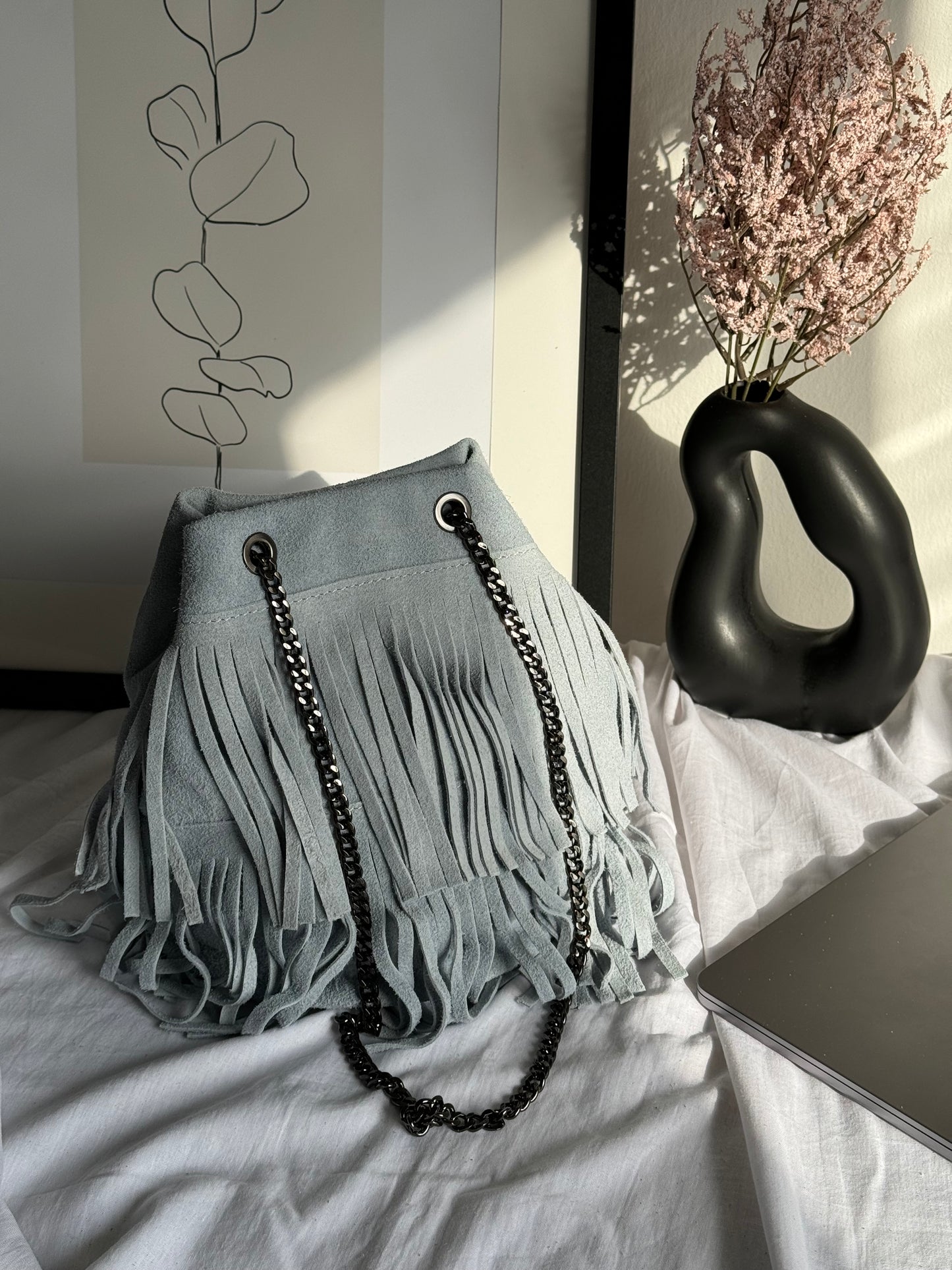 borsa a secchiello in pelle scamosciata