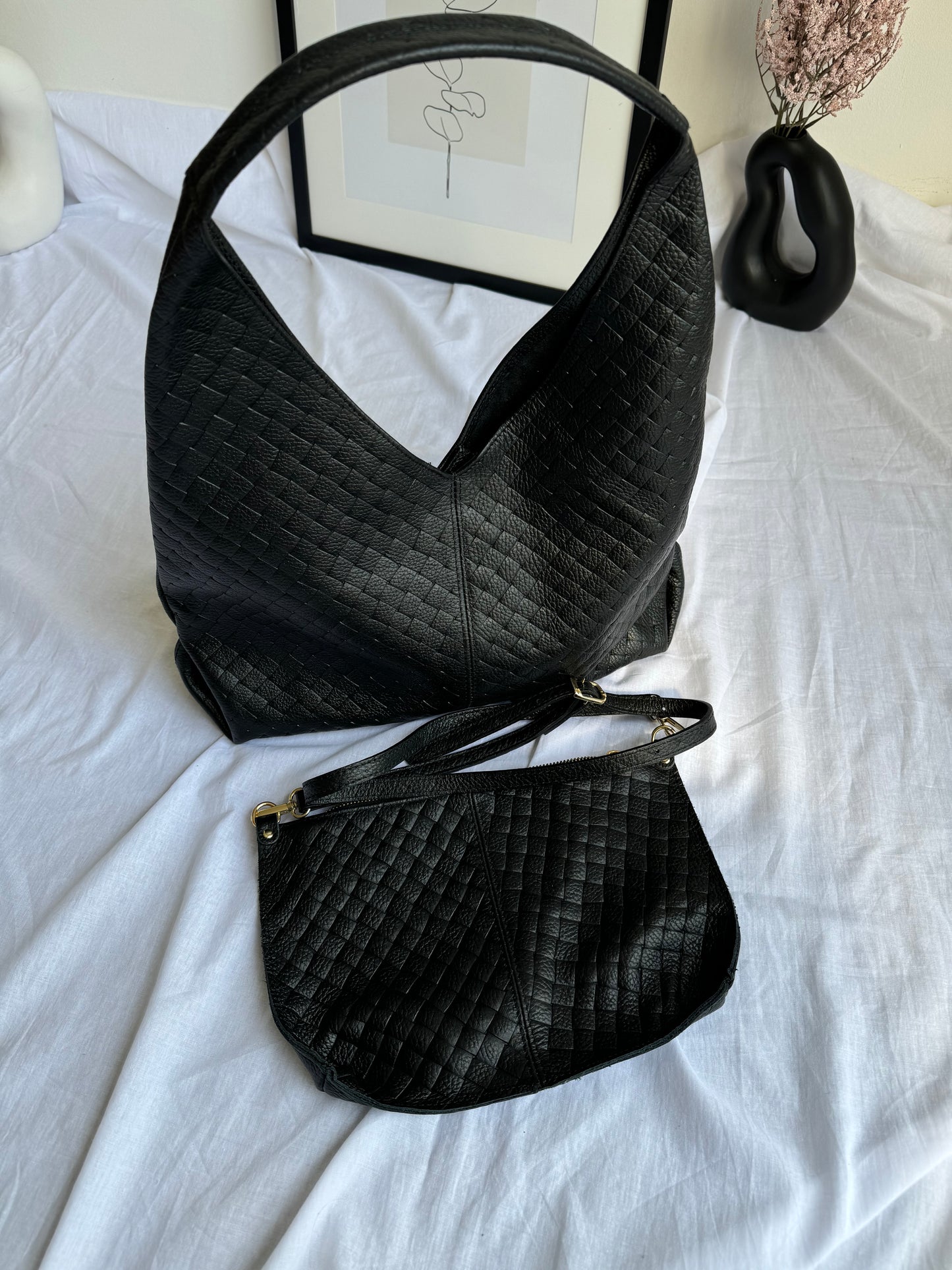 Borsa hobo con pouch in pelle