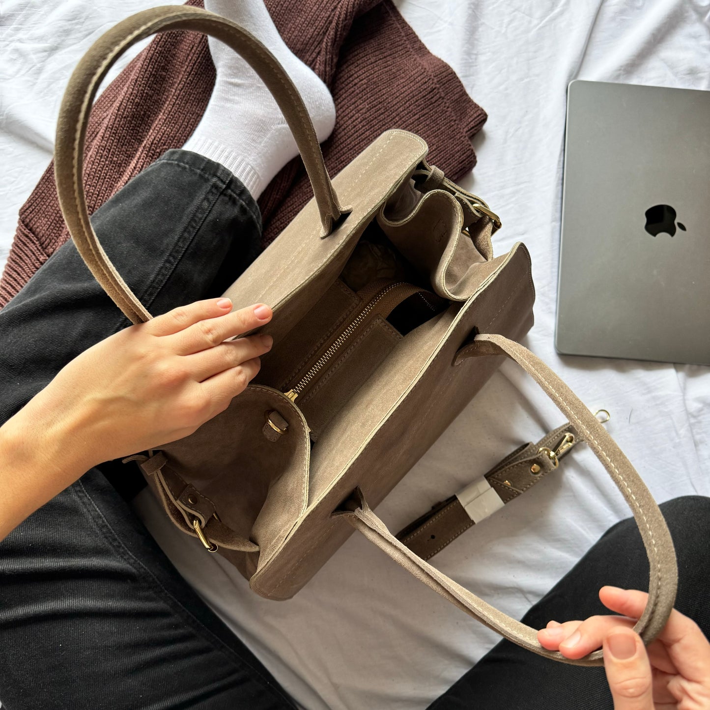 Borsa tote grande in pelle scamosciata