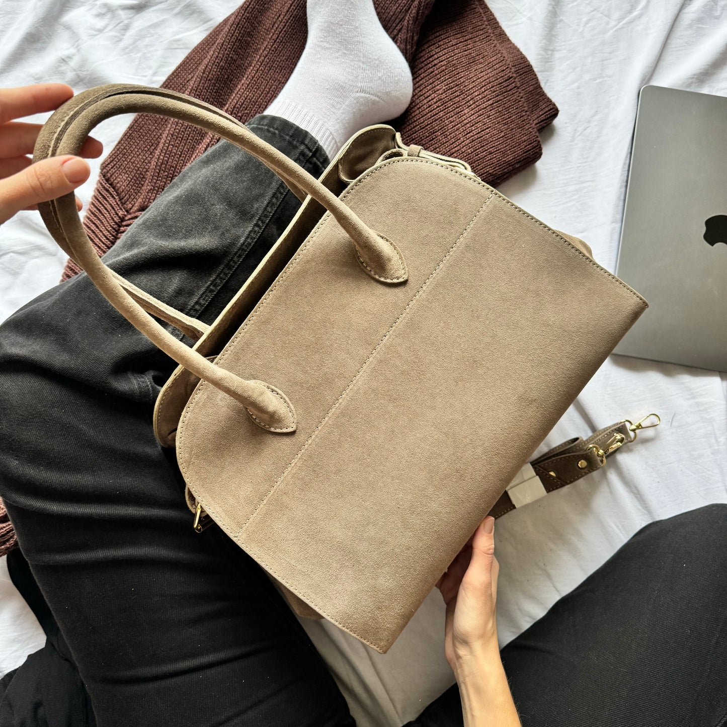 Borsa tote grande in pelle scamosciata