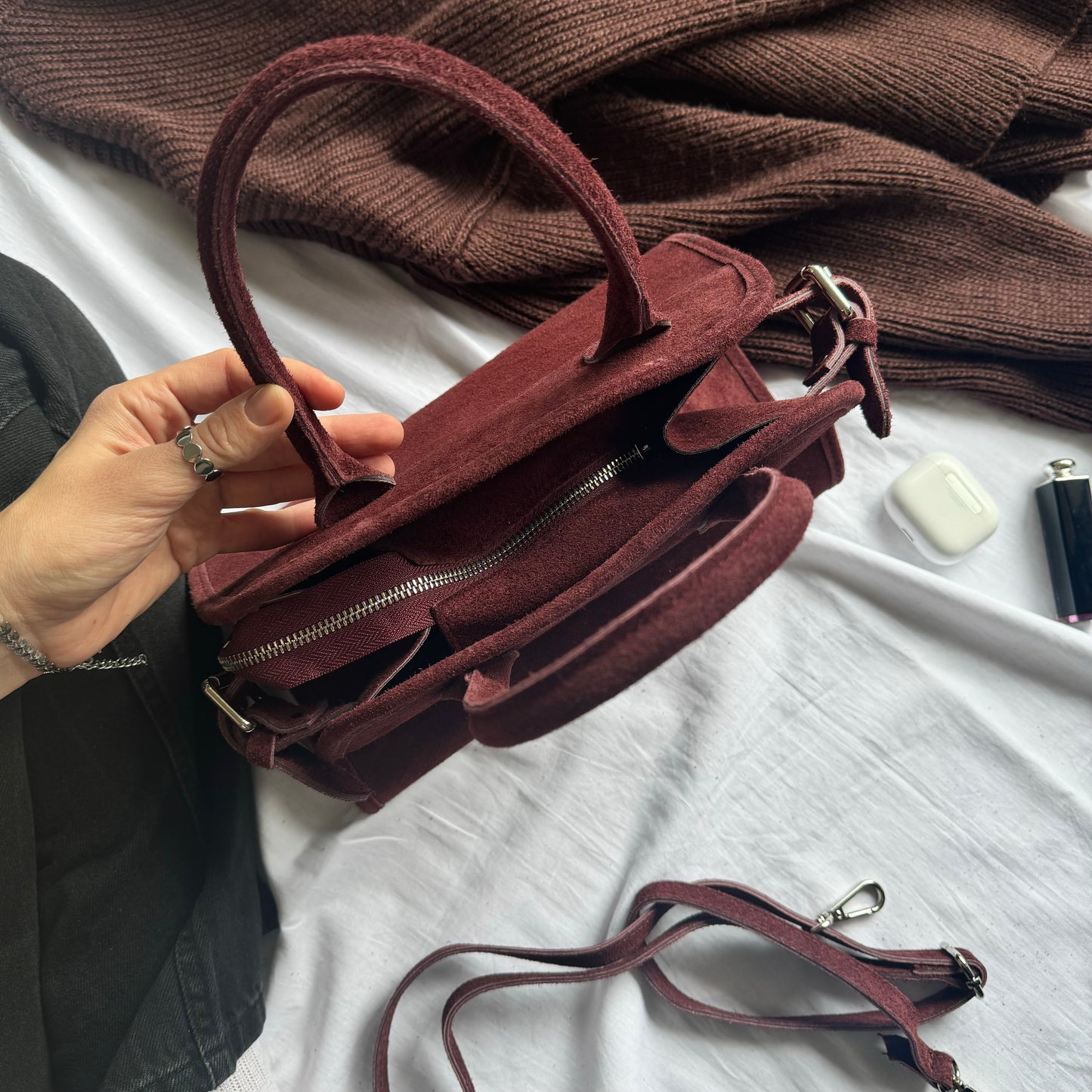 Borsa tote mini in pelle scamosciata