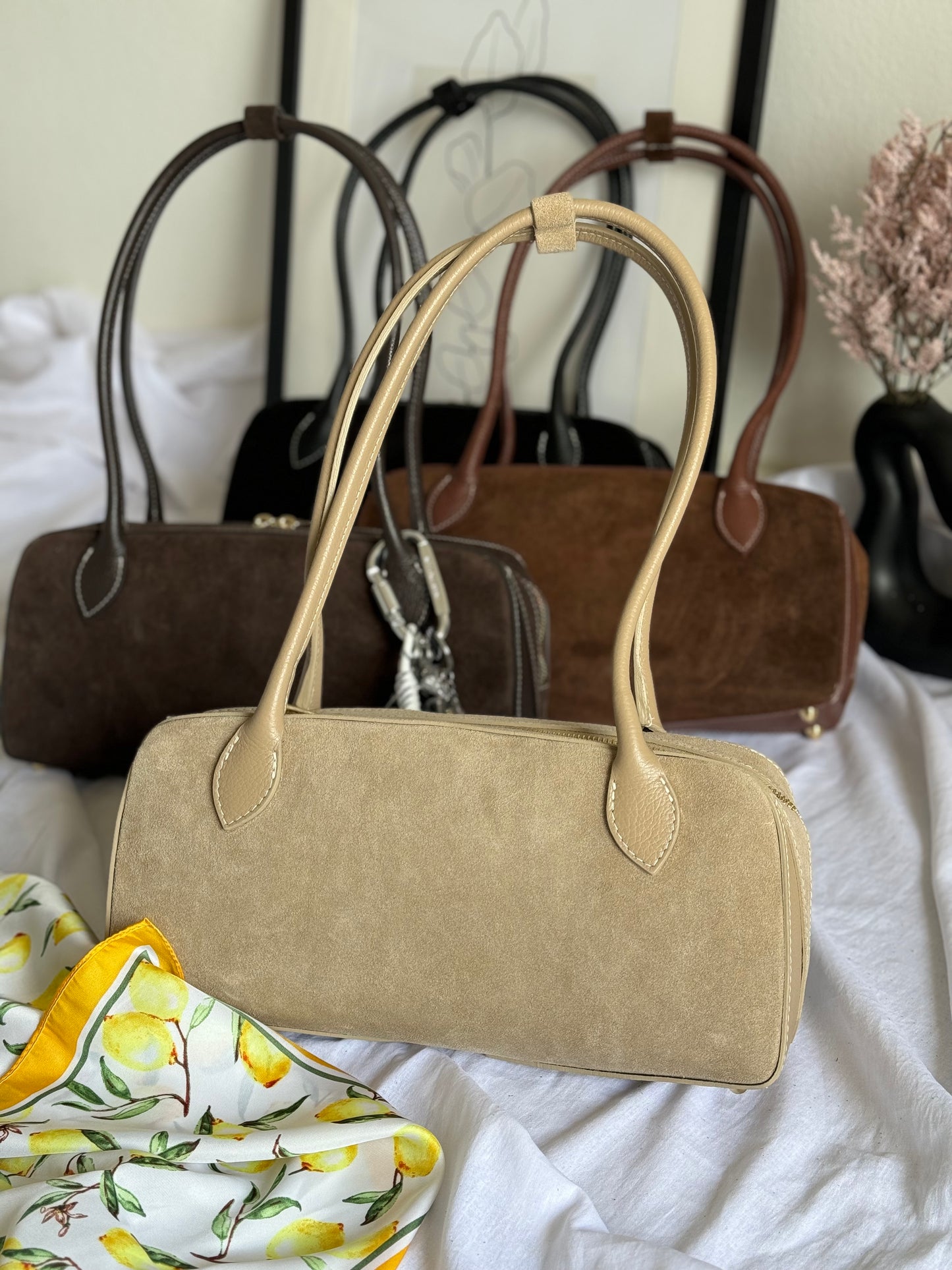 borsa baguette in pelle scamosciata
