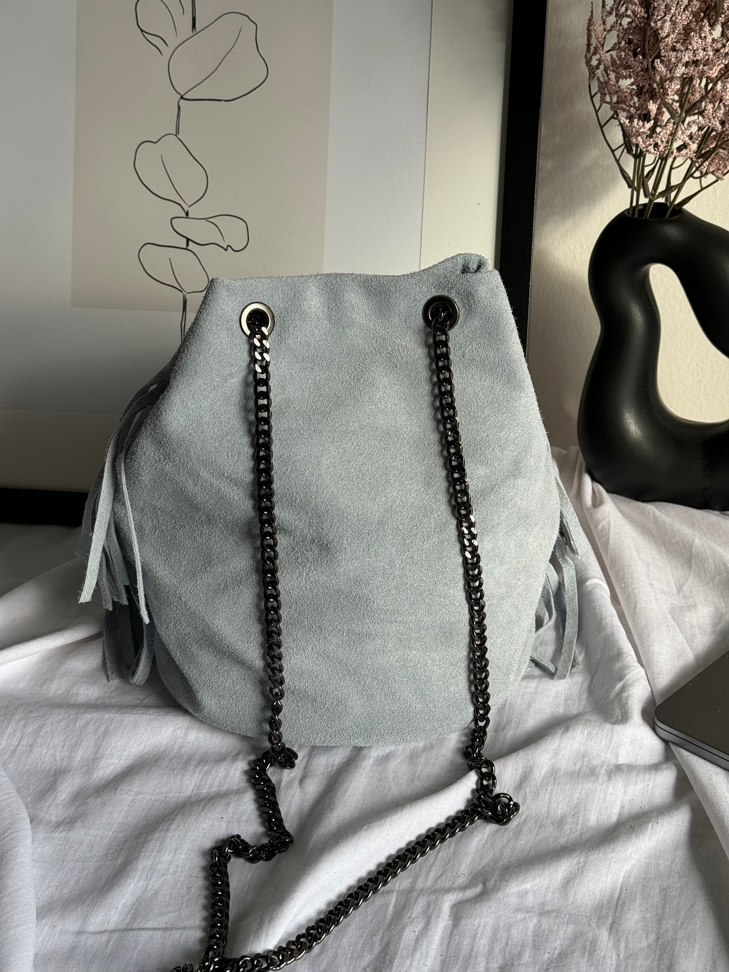 borsa a secchiello in pelle scamosciata