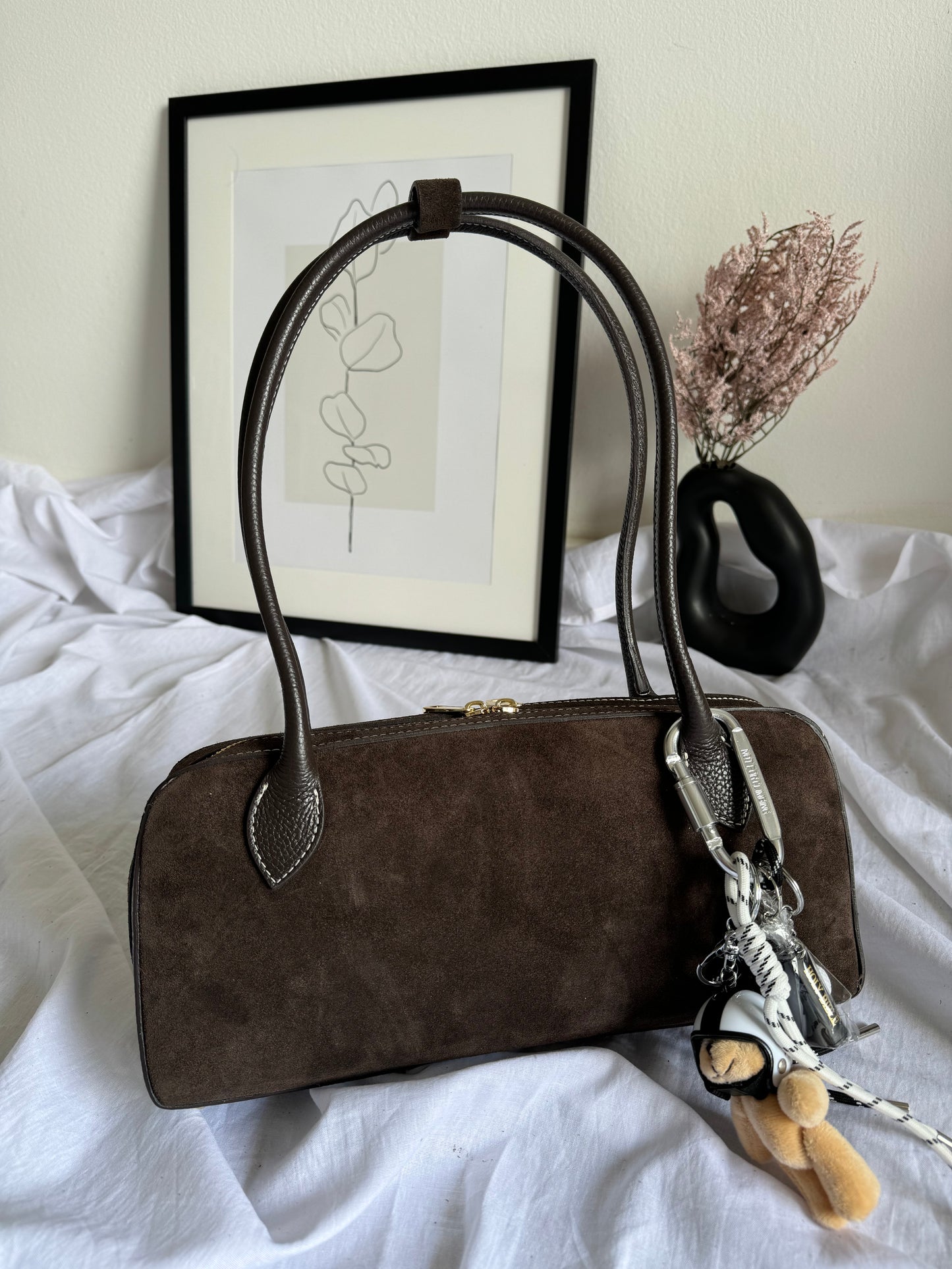 borsa baguette in pelle scamosciata