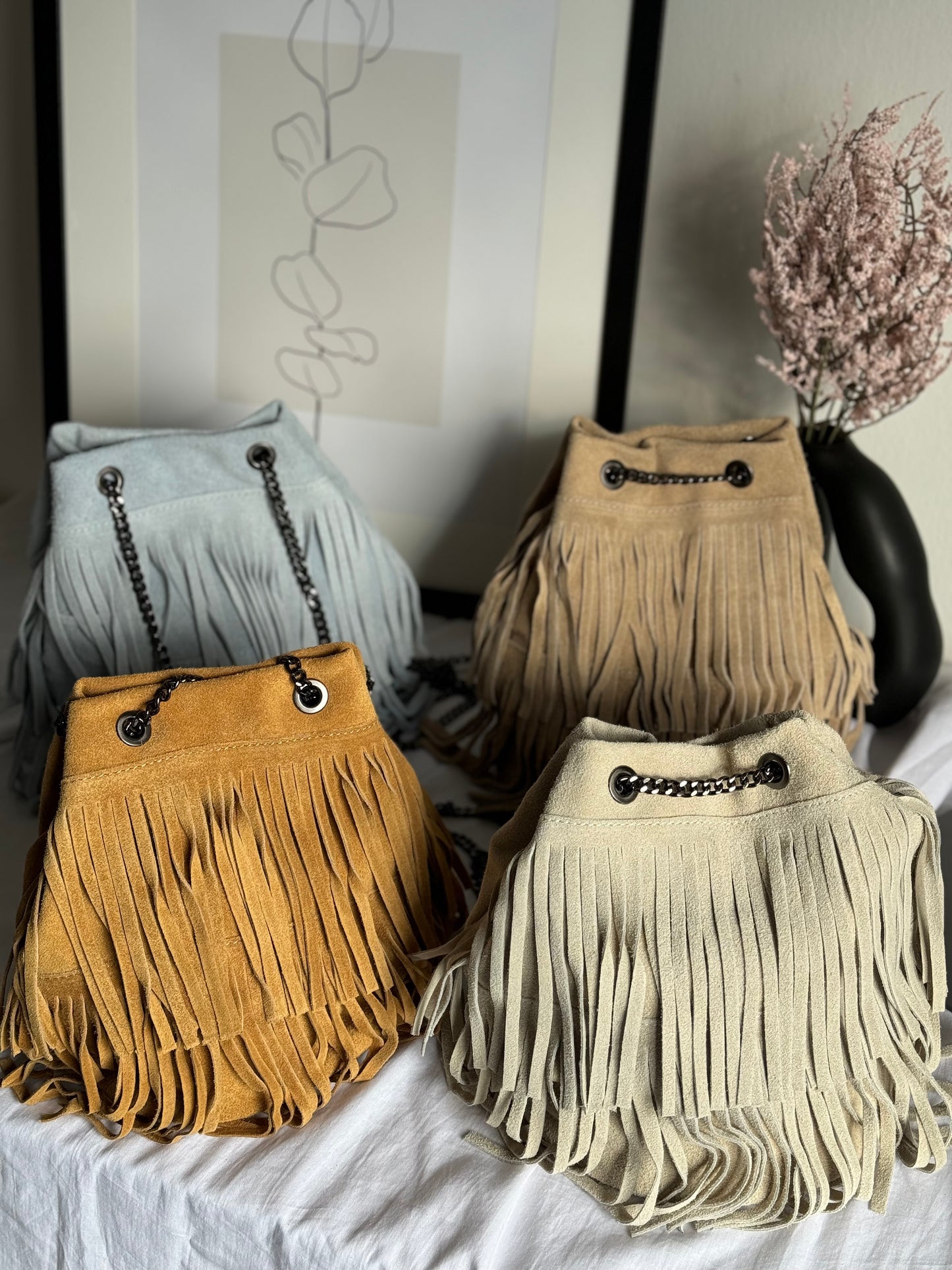borsa a secchiello in pelle scamosciata