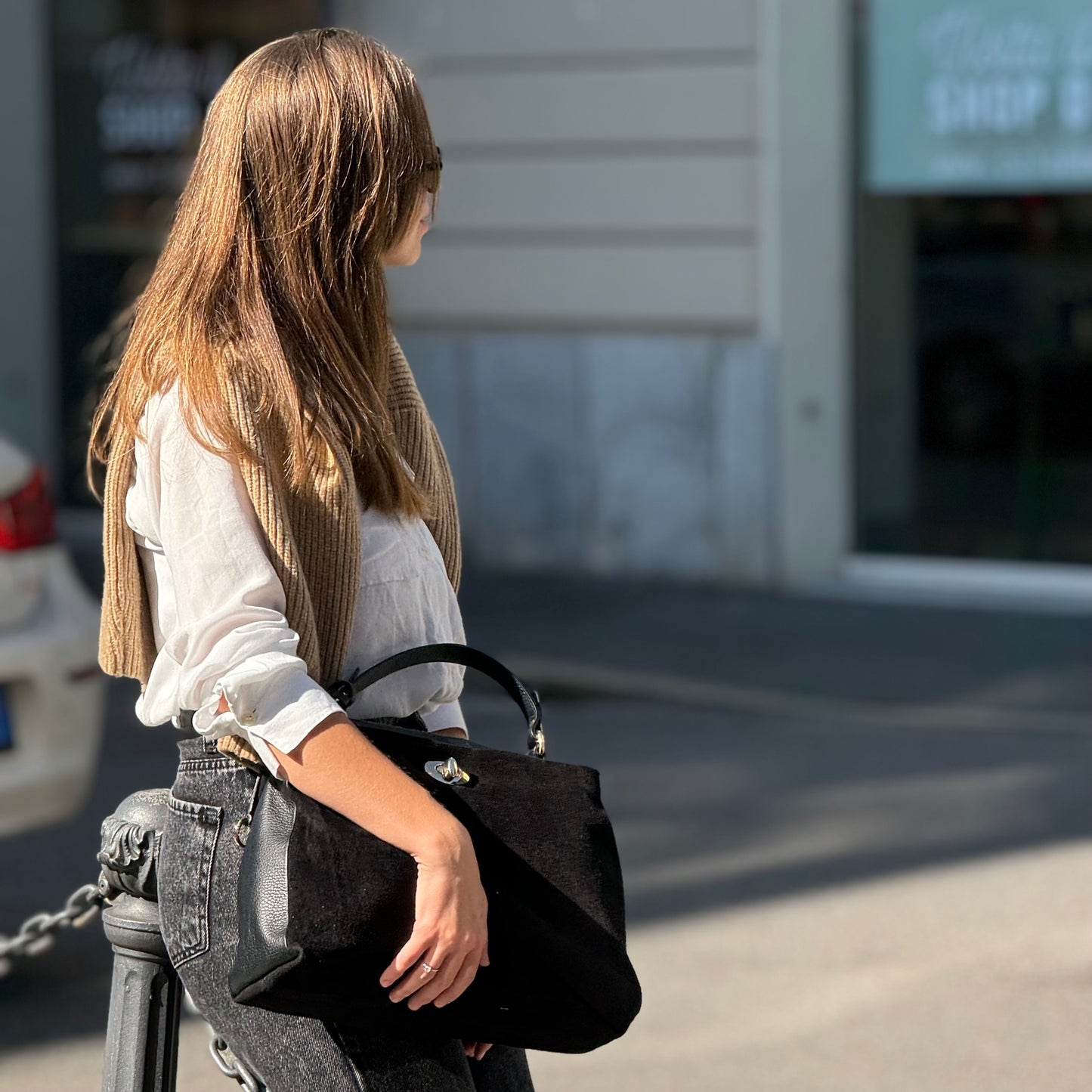 borsa a tracolla in pelle scamosciata